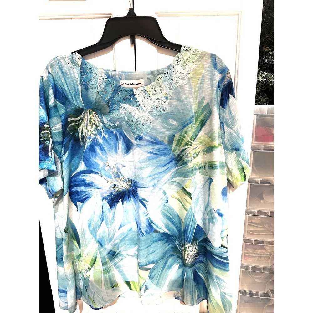 Alfred Dunner Blue Floral Lace Rhinestone Short Sleeve Top Women XL